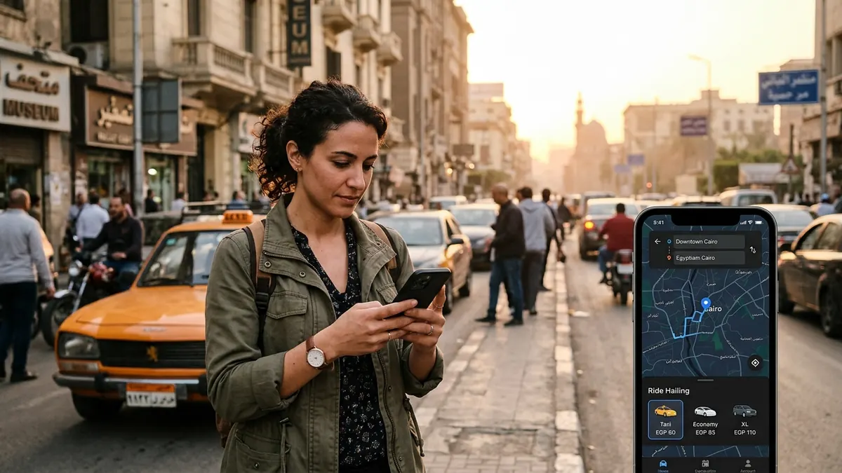 Viaggiatrice al Cairo che usa mappe e taxi app sullo smartphone