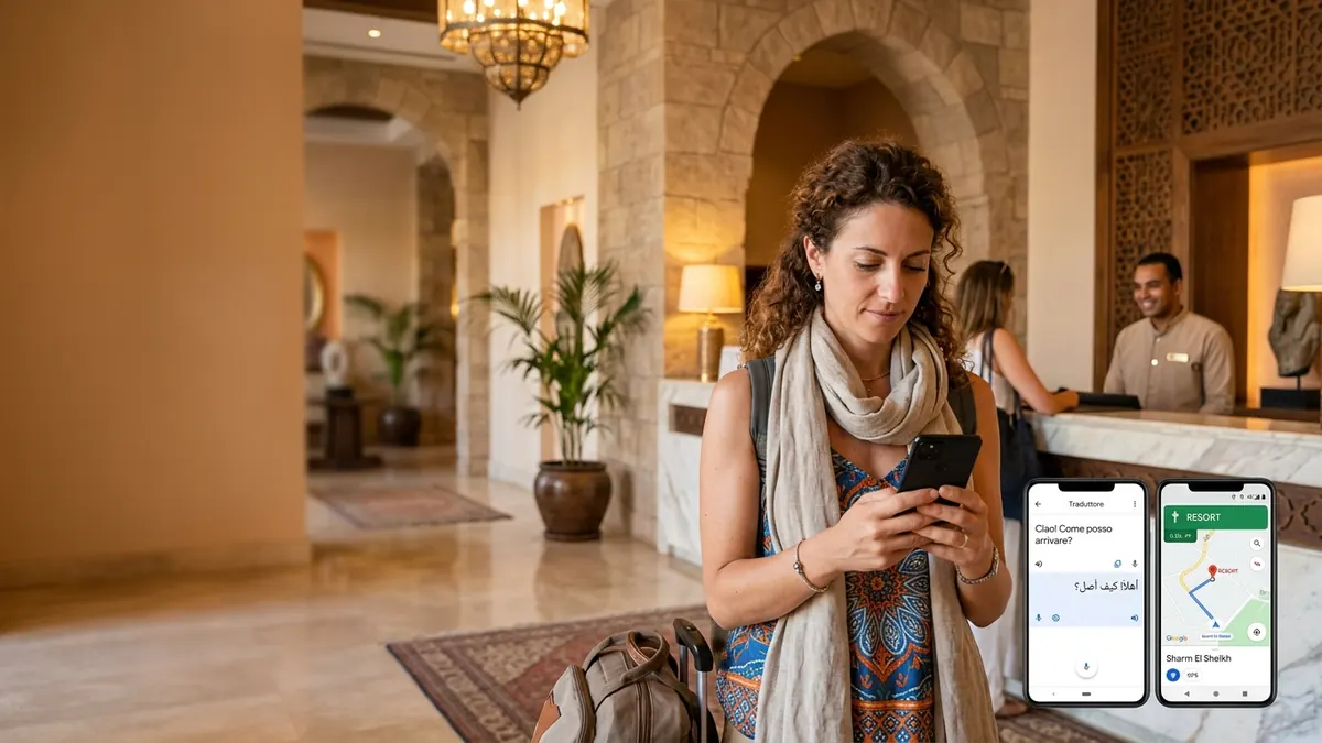 Viaggiatrice italiana in hotel in Egitto che usa mappe e traduttore sullo smartphone
