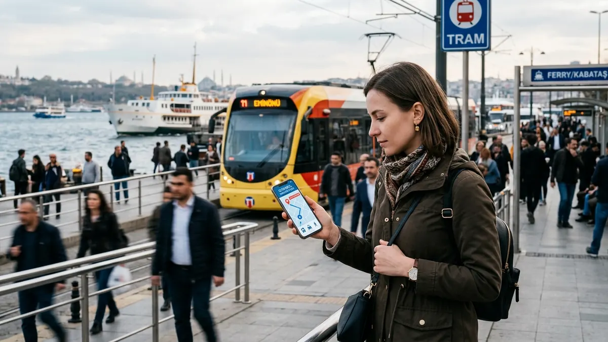 Viaggiatrice a Istanbul vicino a tram e traghetti che usa mappe sullo smartphone