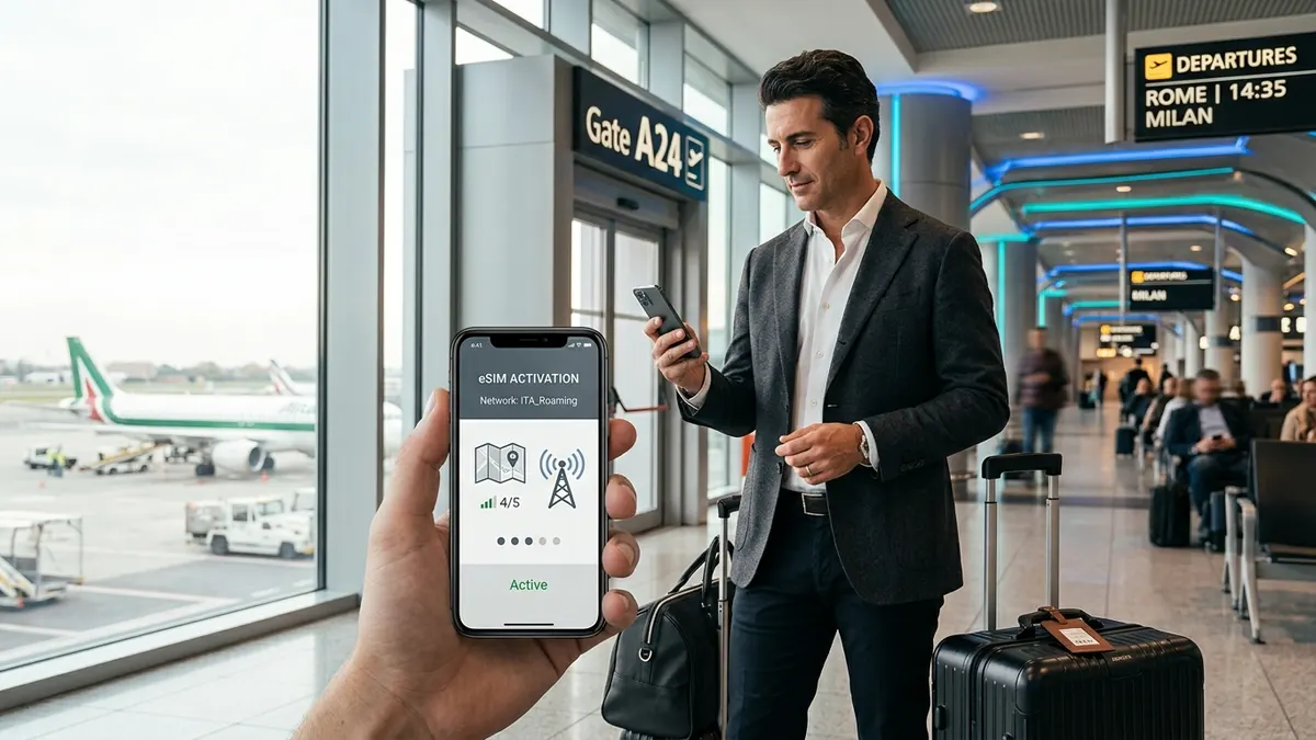Viaggiatore in aeroporto che usa una eSIM attiva sullo smartphone