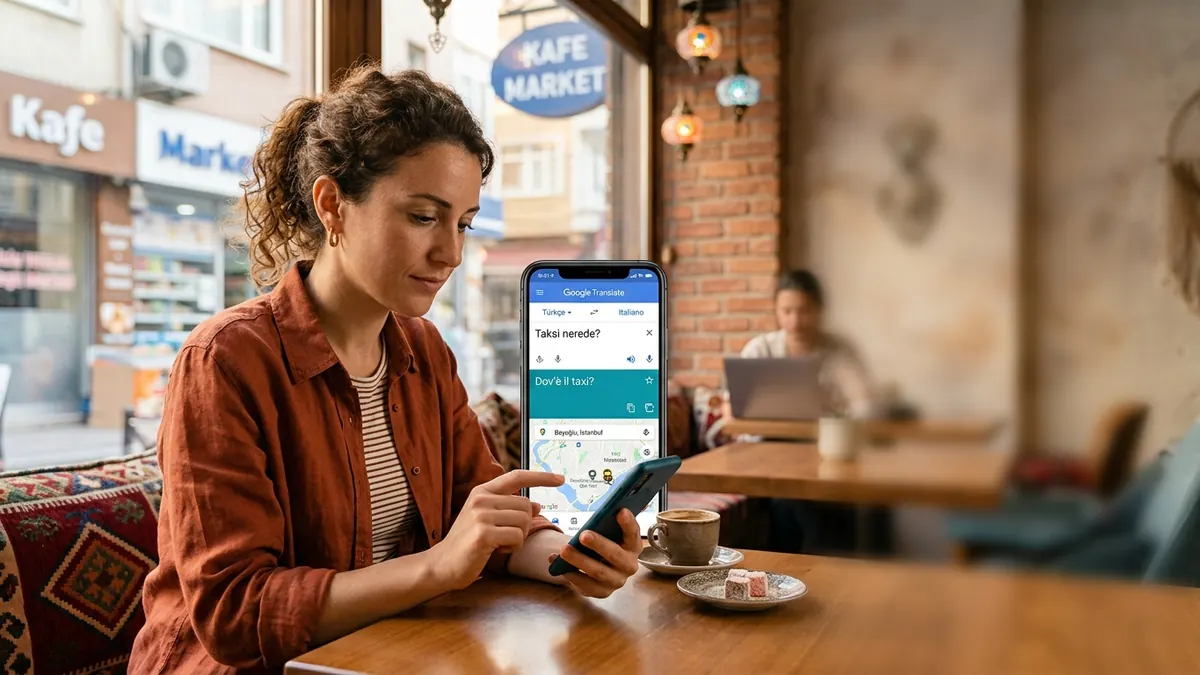 Turista italiana in Turchia che usa traduttore e mappe sullo smartphone