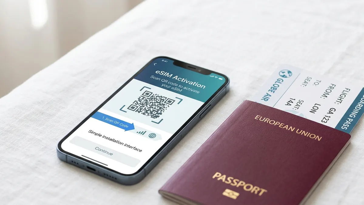 Smartphone con procedura di installazione eSIM e documenti di viaggio